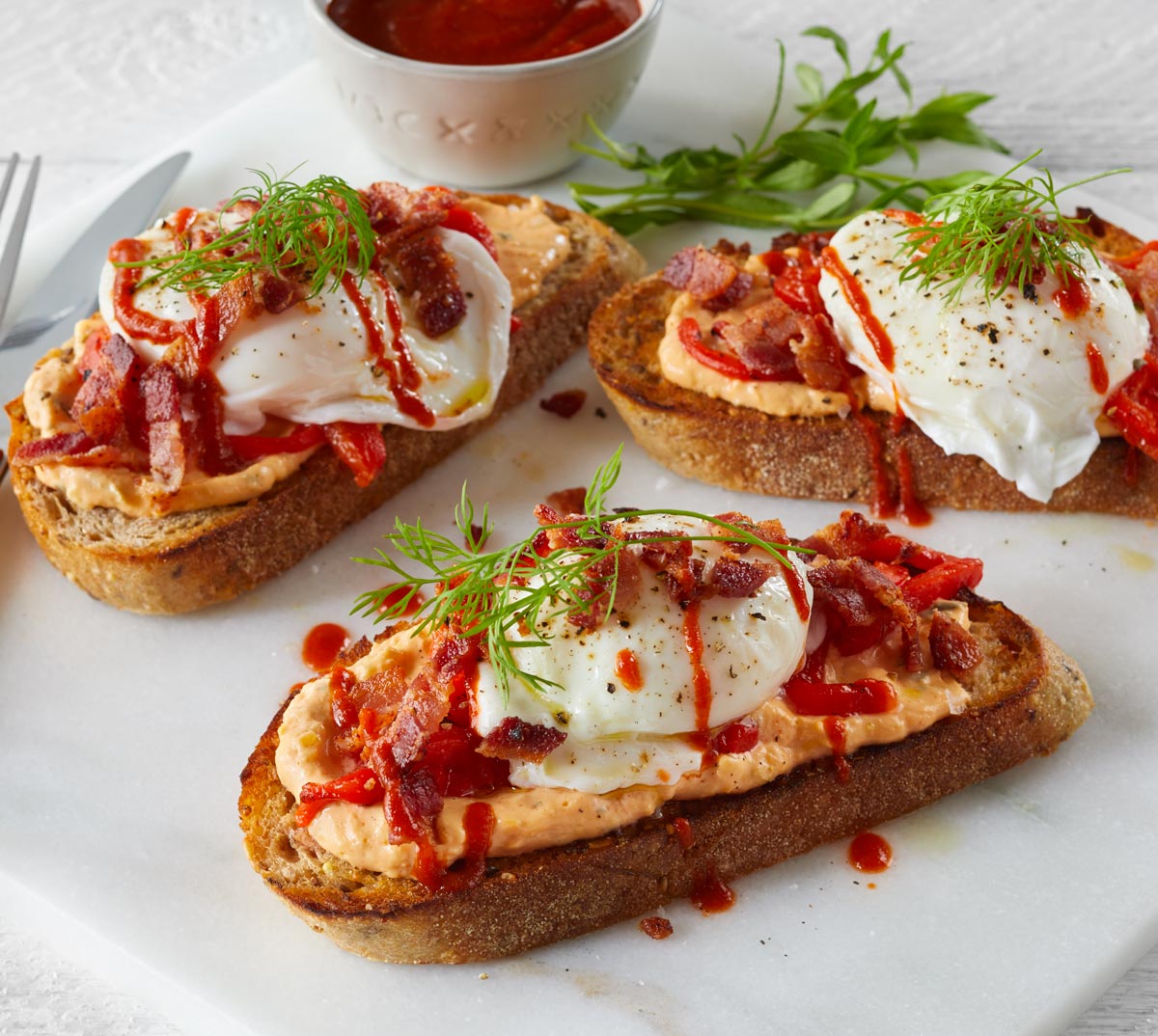 3 Pieces of Sriracha Toast with Poached Eggs