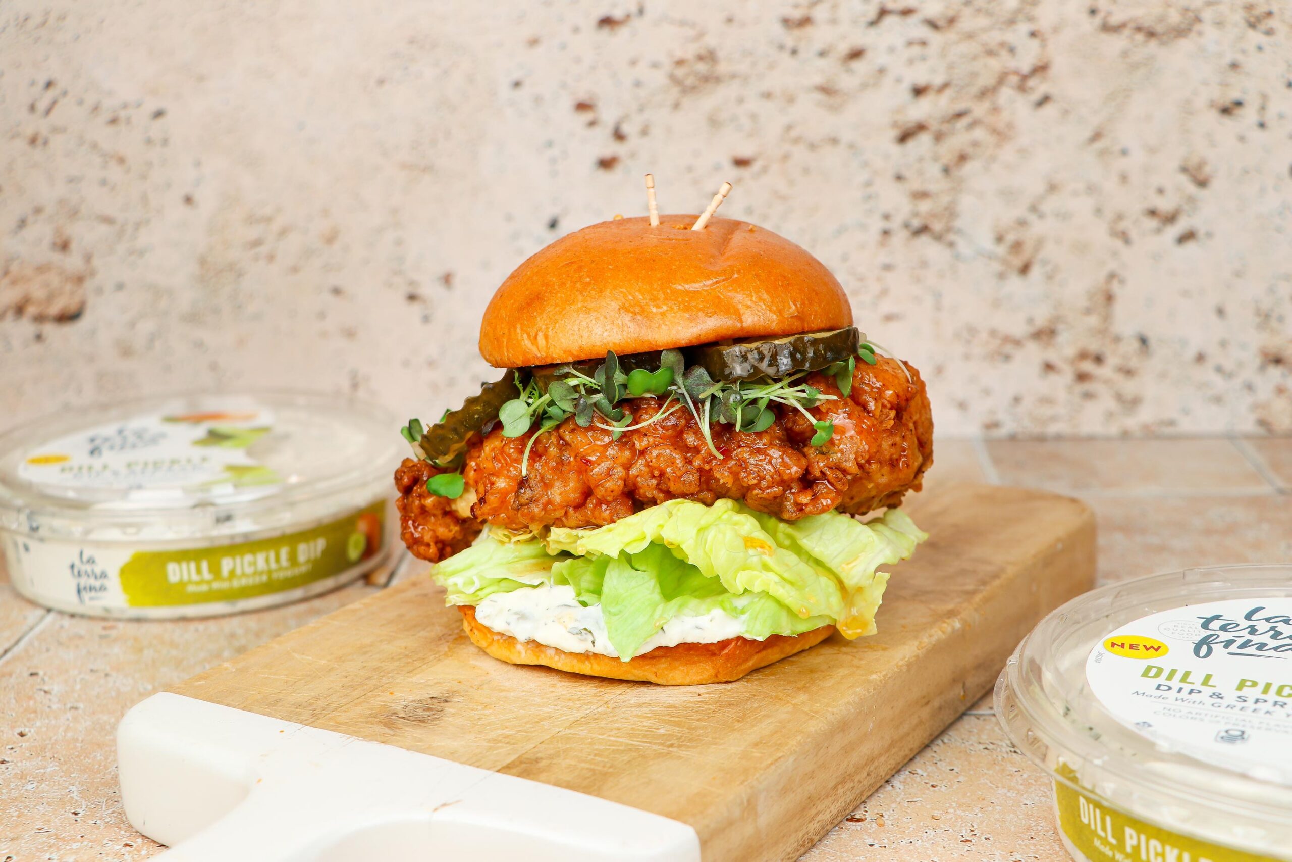 Dill Pickle Dip Hot Honey Fried Chicken Sandwiches