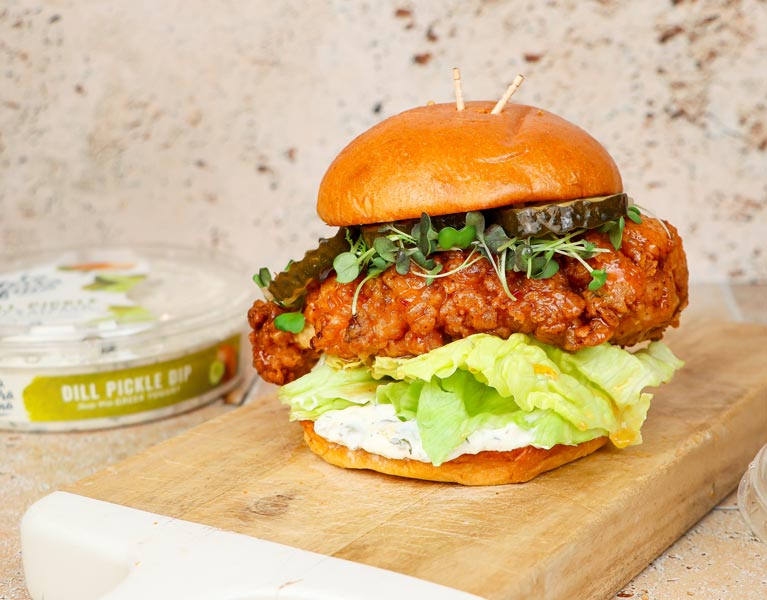 Fried Hot Honey Chicken Sandwich with Dill Pickle Dip