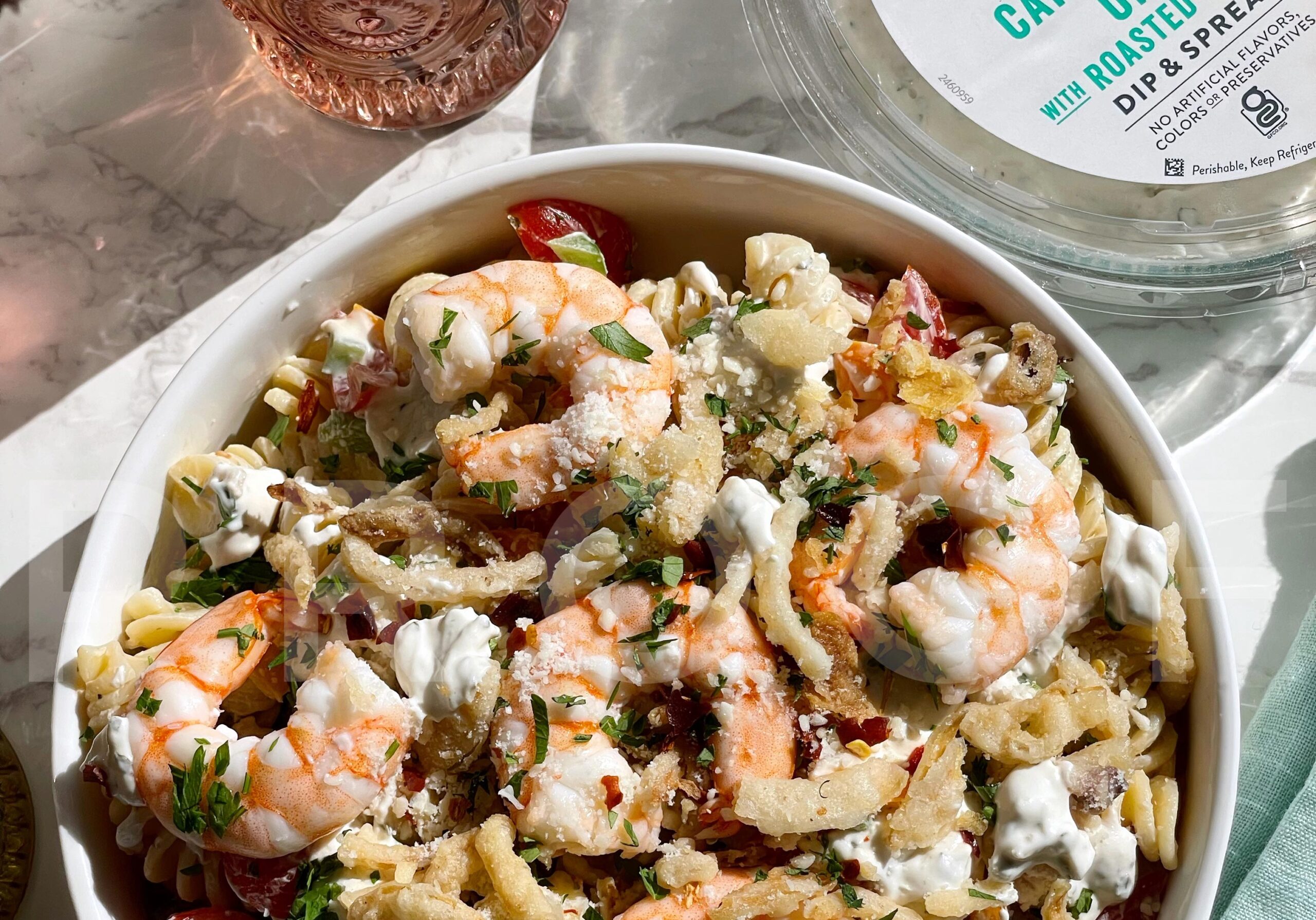 Caramelized Onion Pasta Salad with shrimp made with La Terra Fina Caramelized Onion with Roasted Garlic Dip & Spread