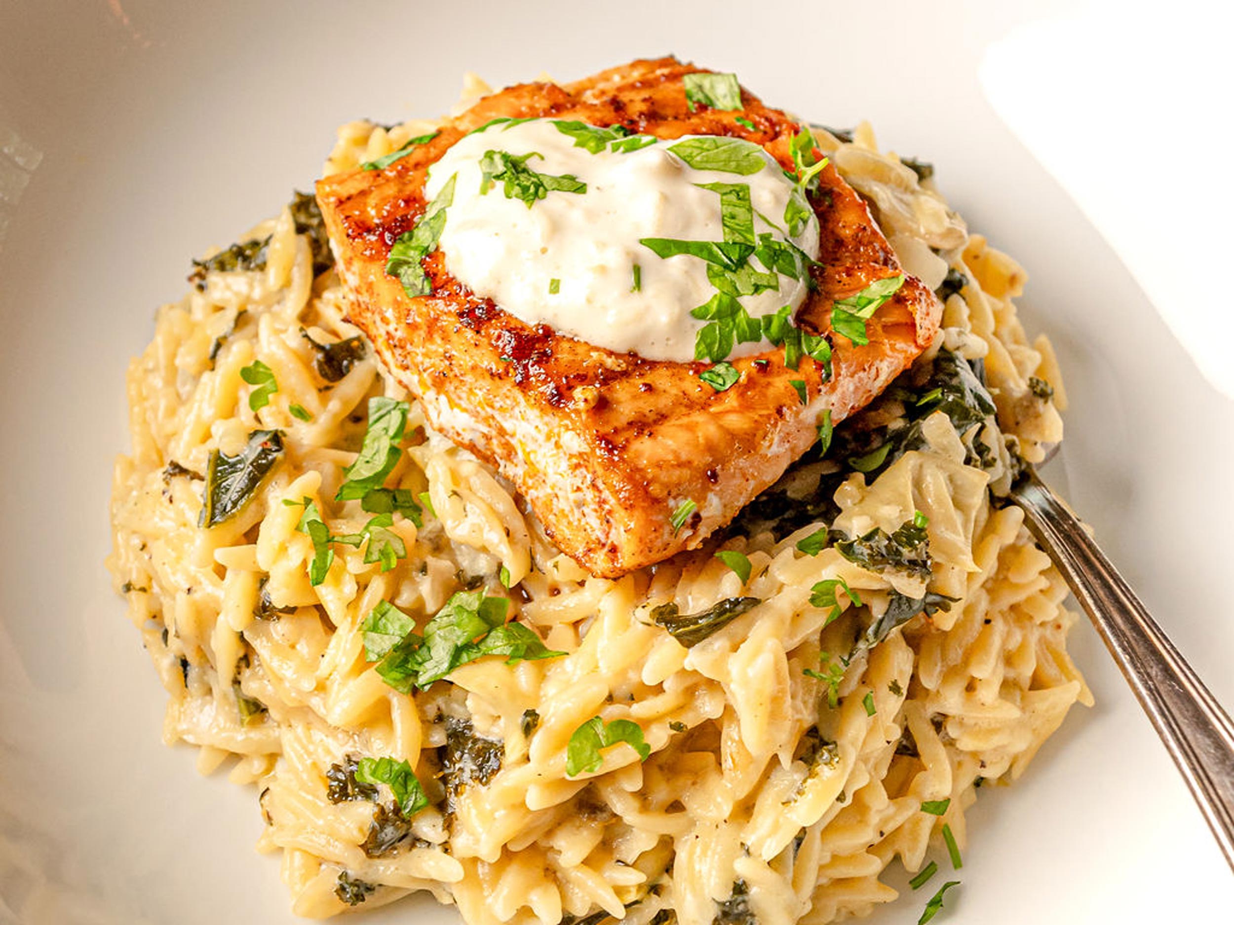 Cheesy Orzo with Salmon