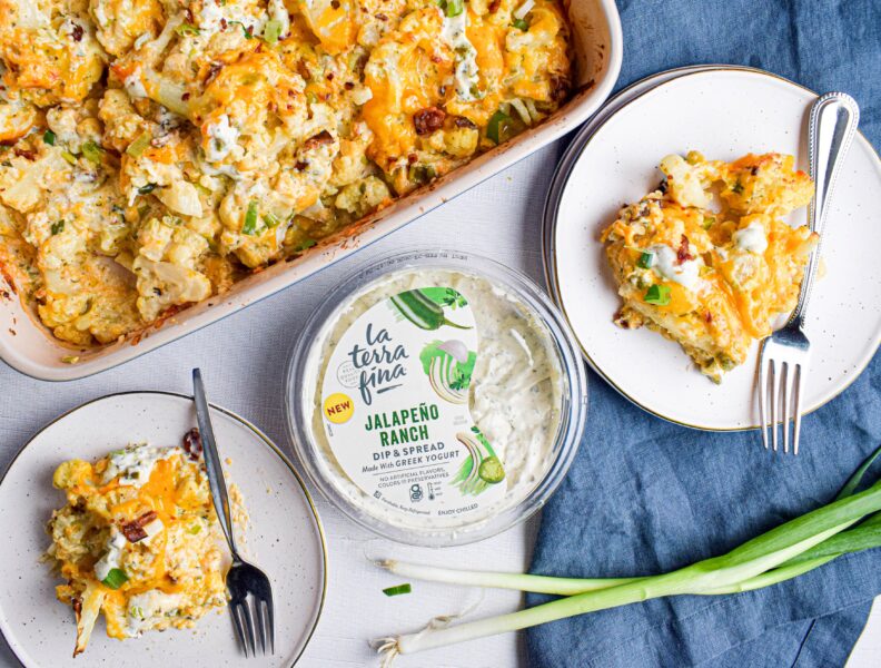 Loaded Cauliflower Casserole with Jalapeno Ranch Dip