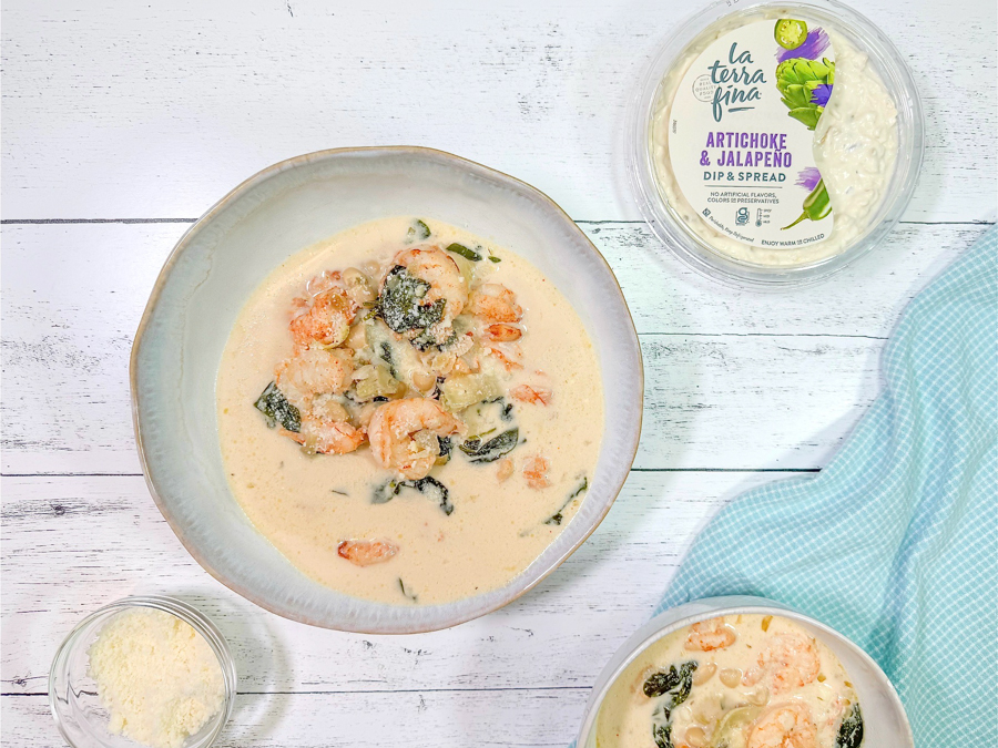 Tuscan Artichoke and Shrimp Soup made with Artichoke & Jalapeño Dip