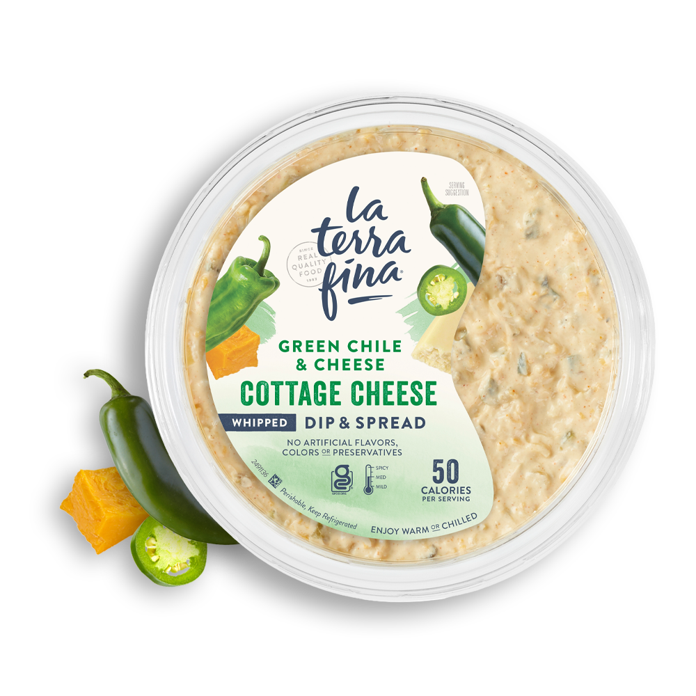 Green Chile and Cheese Cottage Cheese Dip & Spread Product Lid with jalapeno and cheese