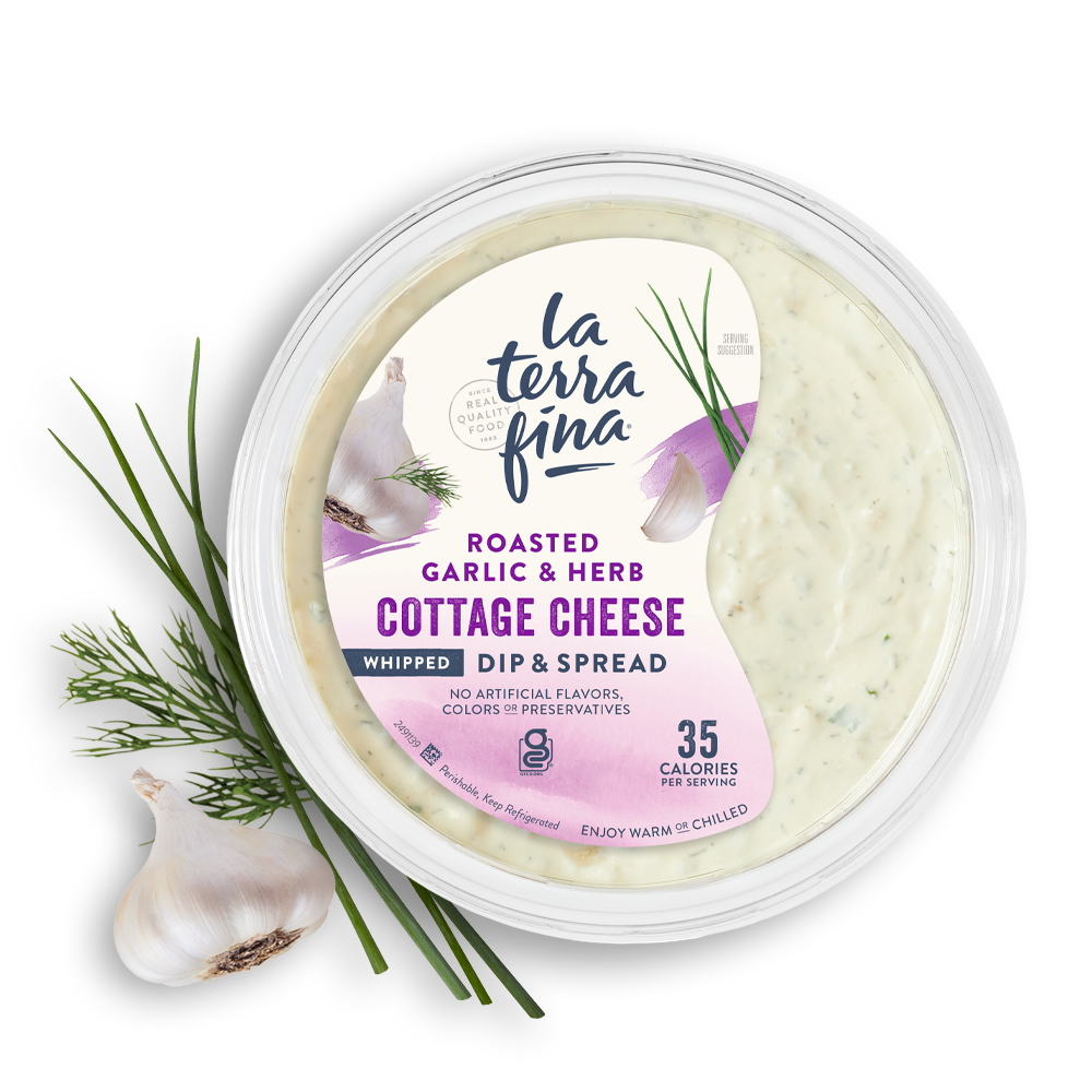 Roasted Garlic and Herd Cottage Cheese Dip & Spread Product Lid with garlic, dill and chives